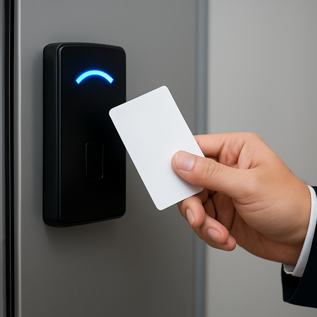 Hand presenting a credential to a PrecisionX access control reader with a blue indicator light