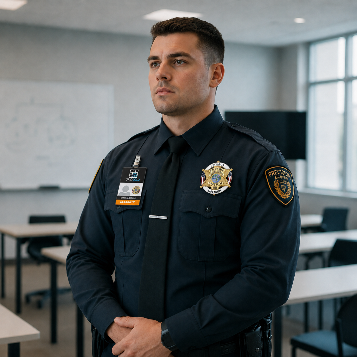A PrecisionX security officer in uniform standing in a training classroom
