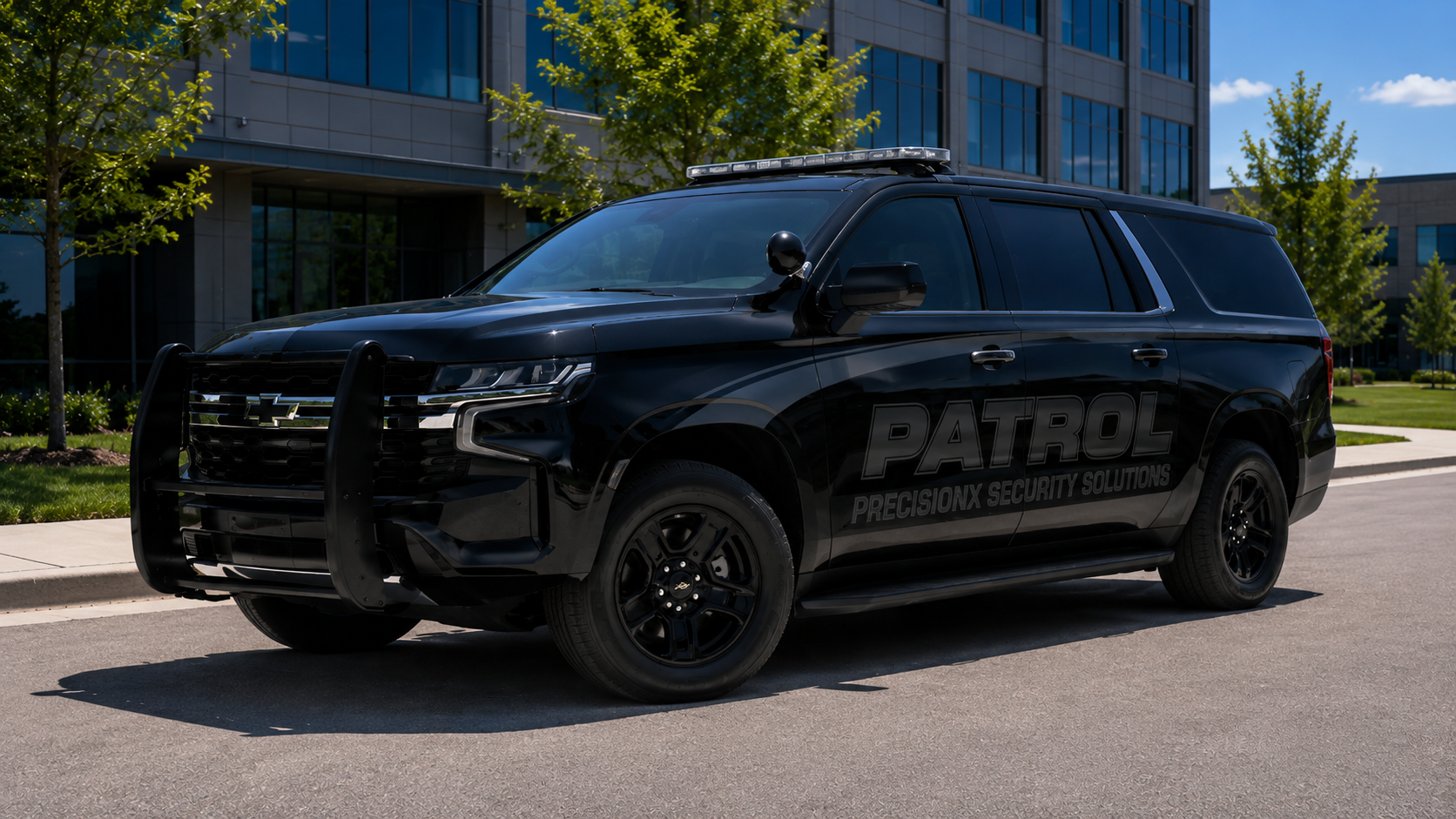 PrecisionX blacked-out covert patrol SUV parked outside an office building