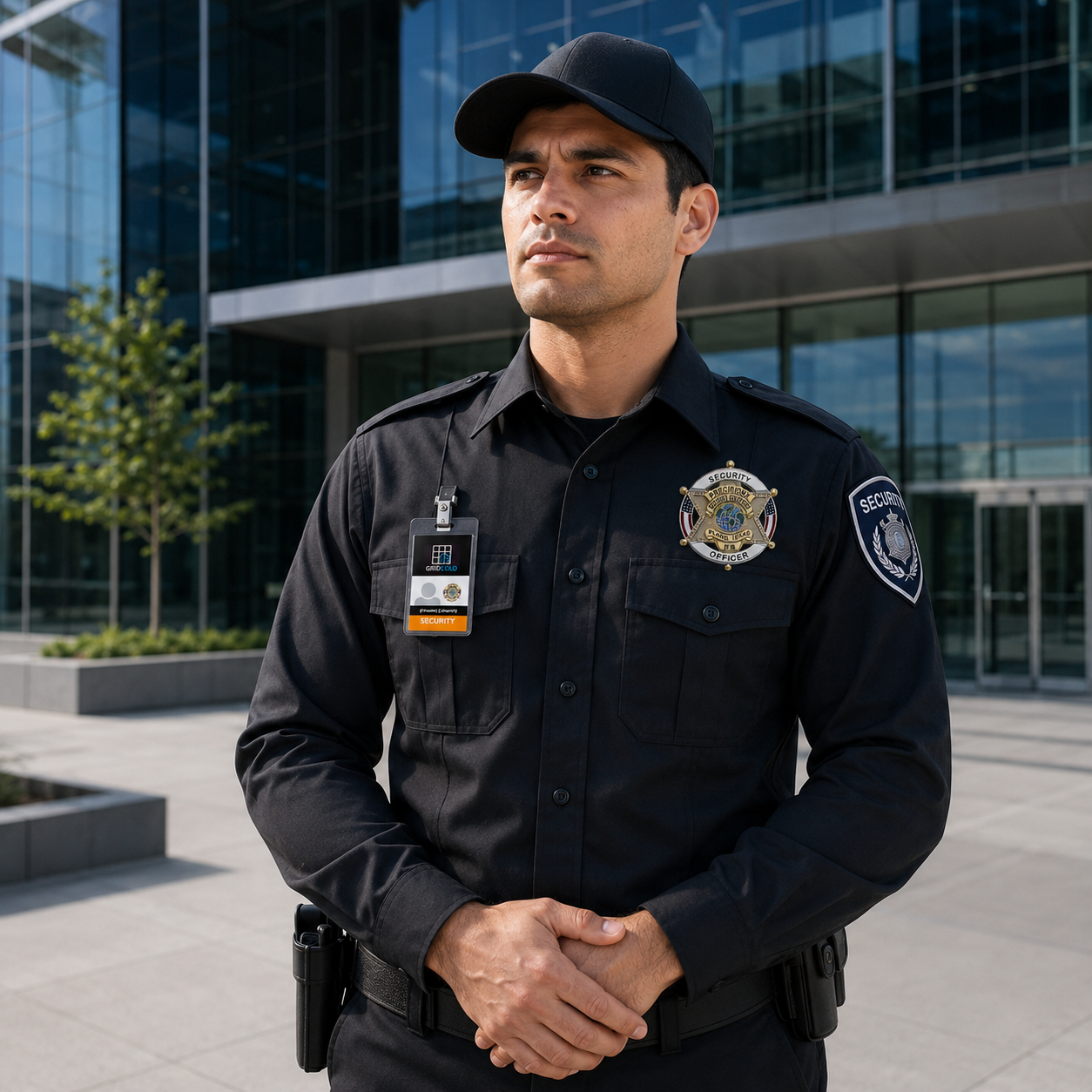 PrecisionX uniformed security officer at the entrance of a corporate technology facility