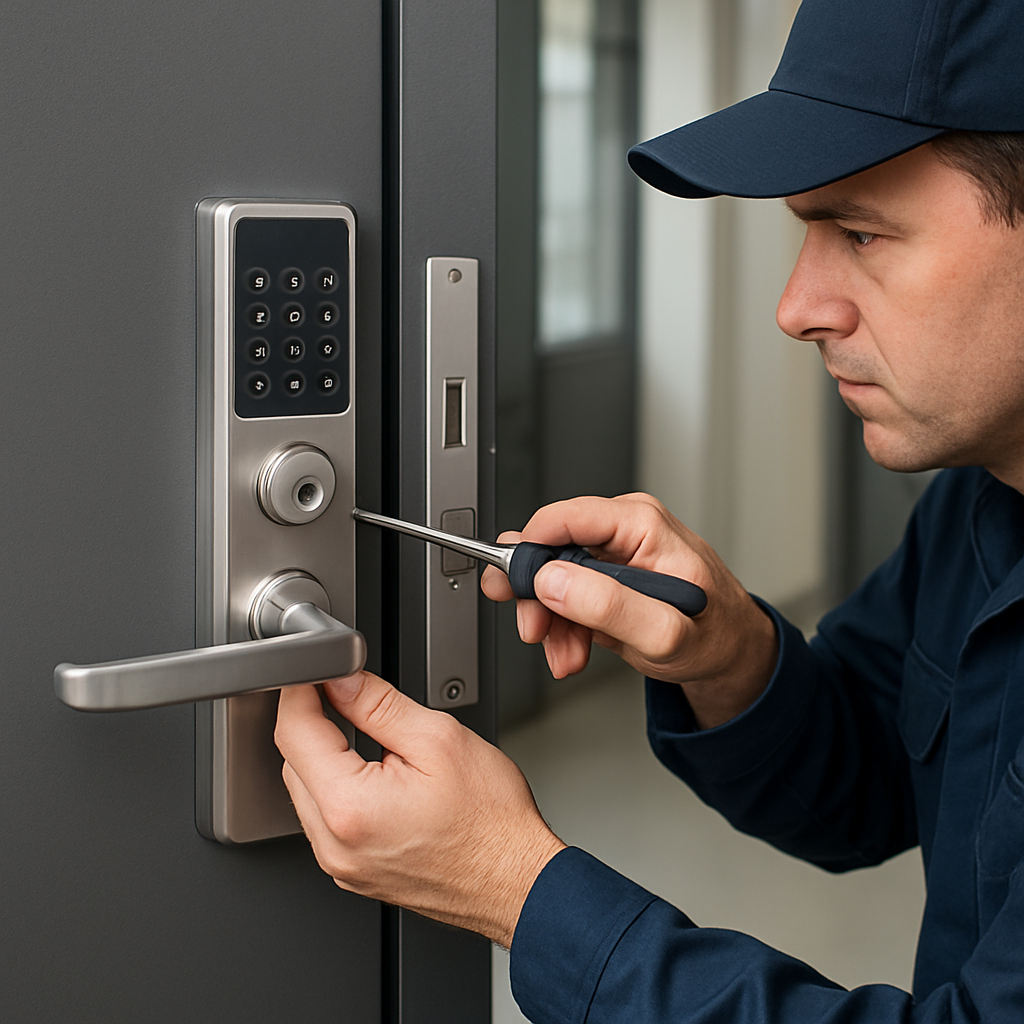 PrecisionX locksmith installing a high-security lock on a steel door