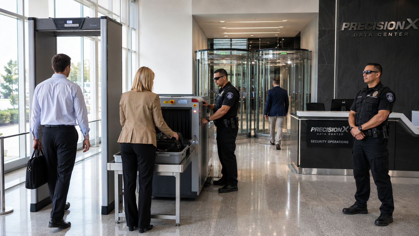 PrecisionX officers screening visitors at a data center security checkpoint
